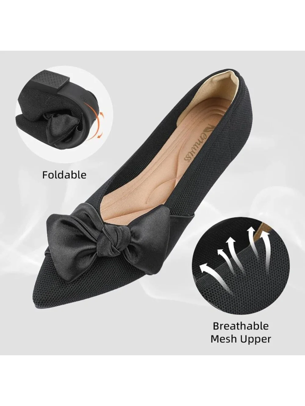 Women's Black Mesh Pointed Toe Ballet Slip On Comfortable  Flats with Bow Shoes